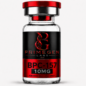 Glass vial of BPC-157 10mg from Primegen Labs with a red and black label.
