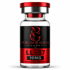 A glass vial labeled LL-37 10MG from PrimeGen Labs, designed for research use only.