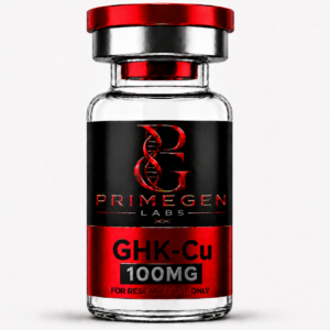 A glass vial labeled GHK-Cu 100MG from Primegen Labs, with a metal cap.