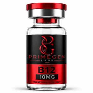 A glass vial containing B12, labeled PRIMEDGEN LABS, 10MG, marked for research use only.
