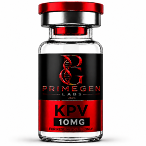 A glass vial labeled 'KPV 10MG' with a black and red design, stating 'PRIMEGEN LABS' and 'FOR RESEARCH USE ONLY'.