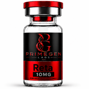 A clear glass vial labeled Reta 10mg from Primegen Labs.