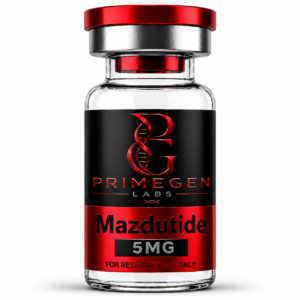 A glass vial of Mazdutide 5MG from Primegen Labs with a red cap and branding.
