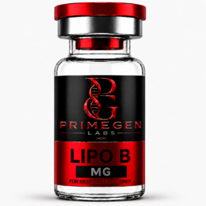 A glass vial labeled 'LIPO B' with a black and red design, featuring the logo of Primegen Labs.