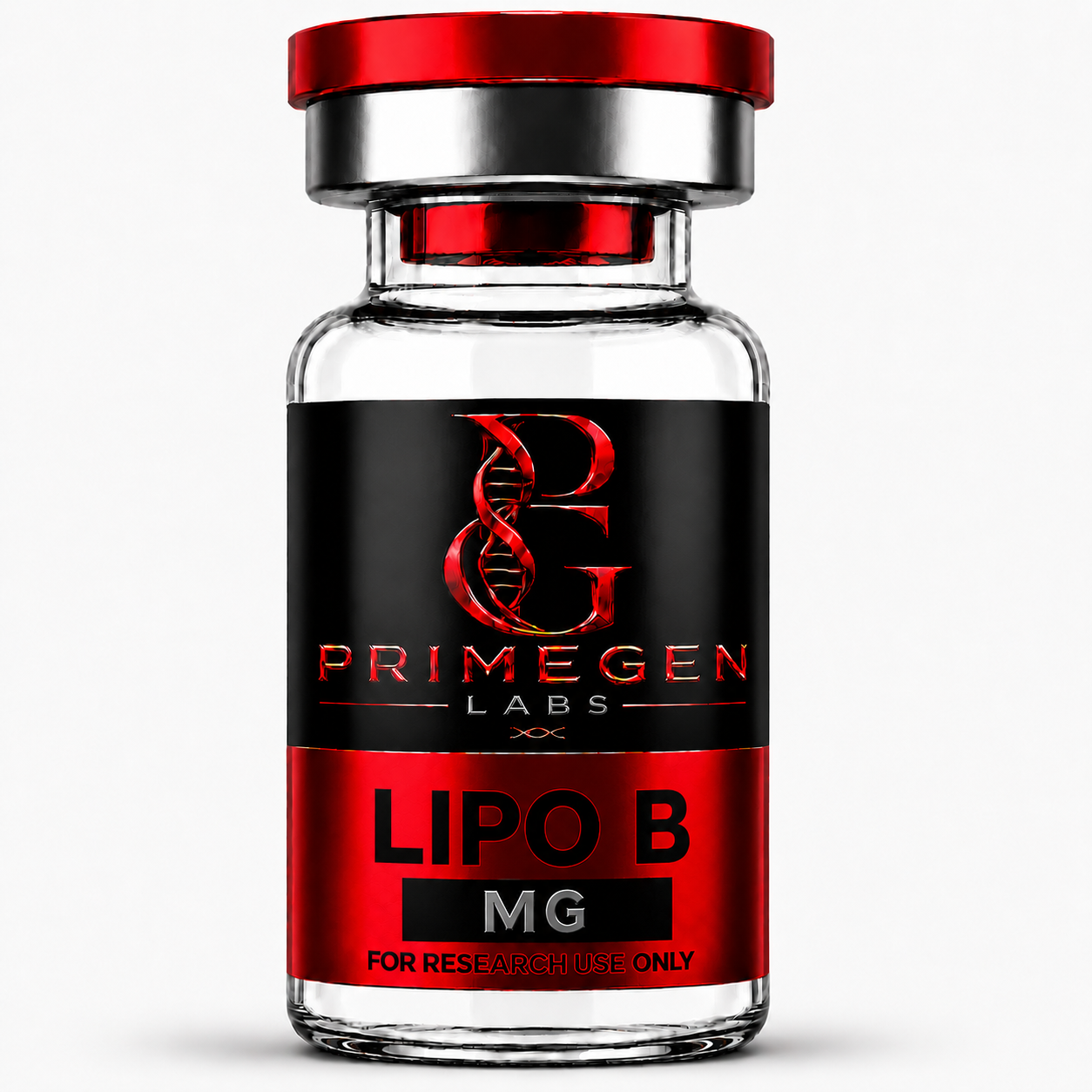 LIPO B - Primegen Labs A glass vial labeled 'LIPO B' with a black and red design, featuring the logo of Primegen Labs.
