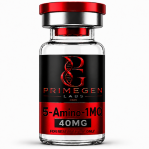 Glass vial containing 5-Amino-1MQ 40MG from Primegen Labs.