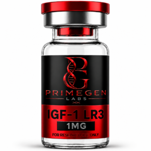 A glass vial of IGF-1 LR3 labeled with the brand PrimeGen Labs, showing a 1MG dosage and labeled for research use only.