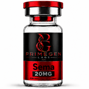 Glass vial labeled 'Sema 20MG' from Primegen Labs, marked for research use only.
