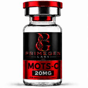 A glass vial labeled MOTS-C 20MG from Primegen Labs, designed for research purposes only.