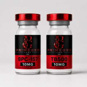 Two vials labeled BPC-157 and TB-500, each containing 10mg, with a black and red design.