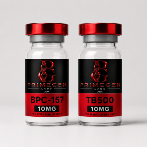 Wolverine Stack – BPC-157 + TB-500 Two vials labeled BPC-157 and TB-500, each containing 10mg, with a black and red design.