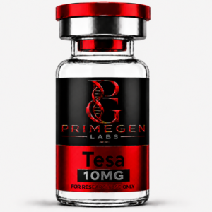 A glass vial labeled 'Tesa 10MG' from Primegen Labs, featuring a black and red design with the text 'FOR RESEARCH USE ONLY'.