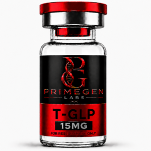 Vial of T-GLP 15MG from Primegen Labs with a red and black label.