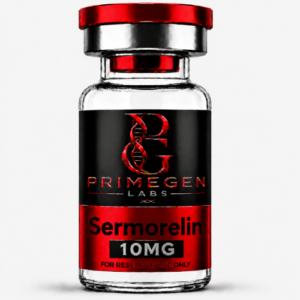 A glass vial labeled 'Sermorelin 10MG' from Primegen Labs, with a black and red design.