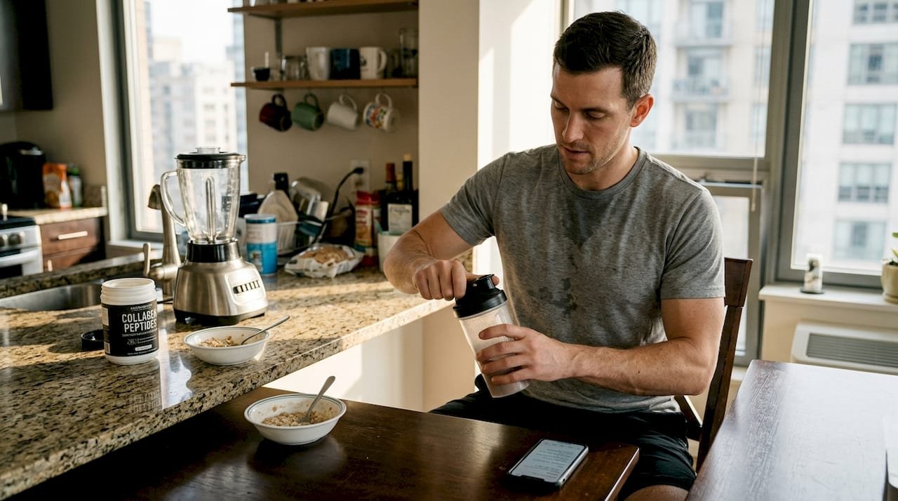Man mixing supplements in urban kitchen
