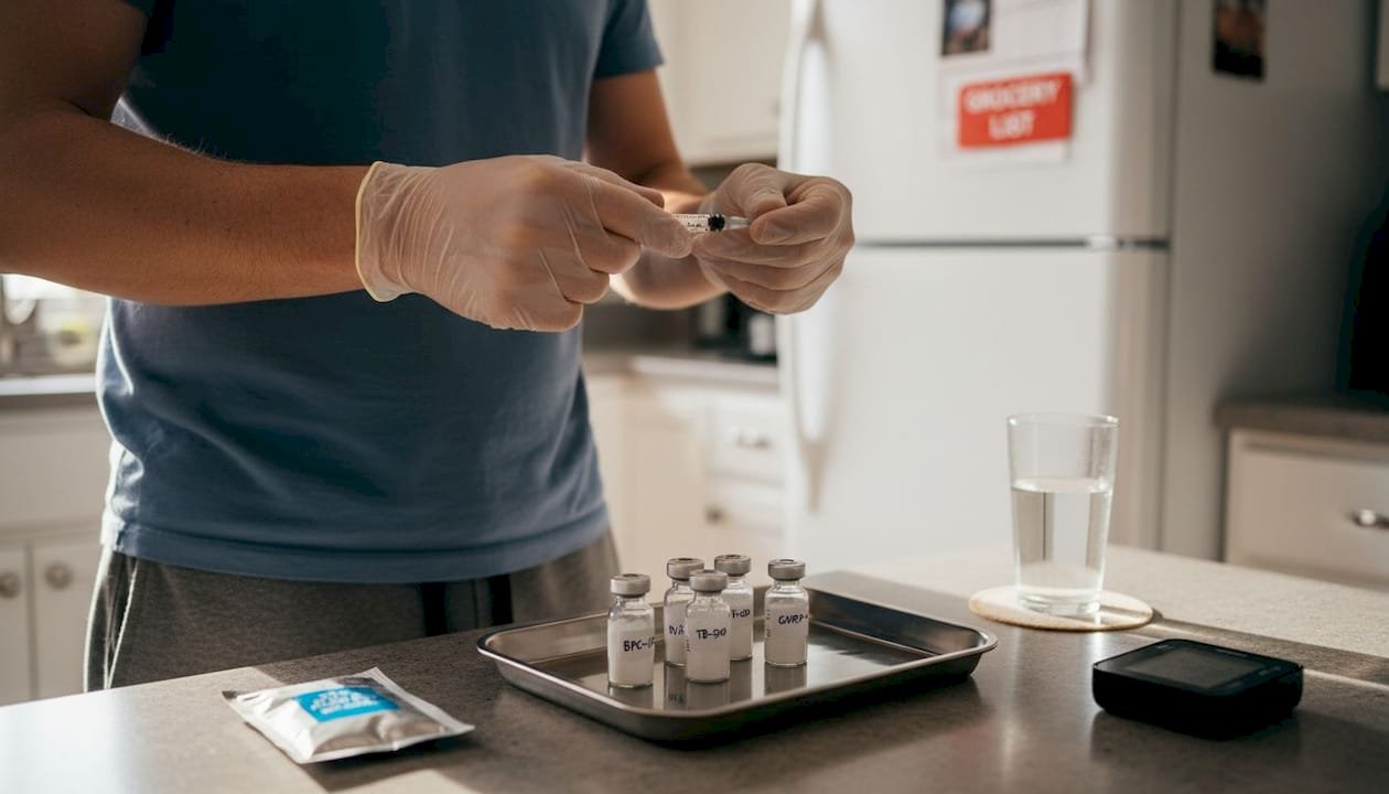 Man reconstituting peptide in home kitchen lab