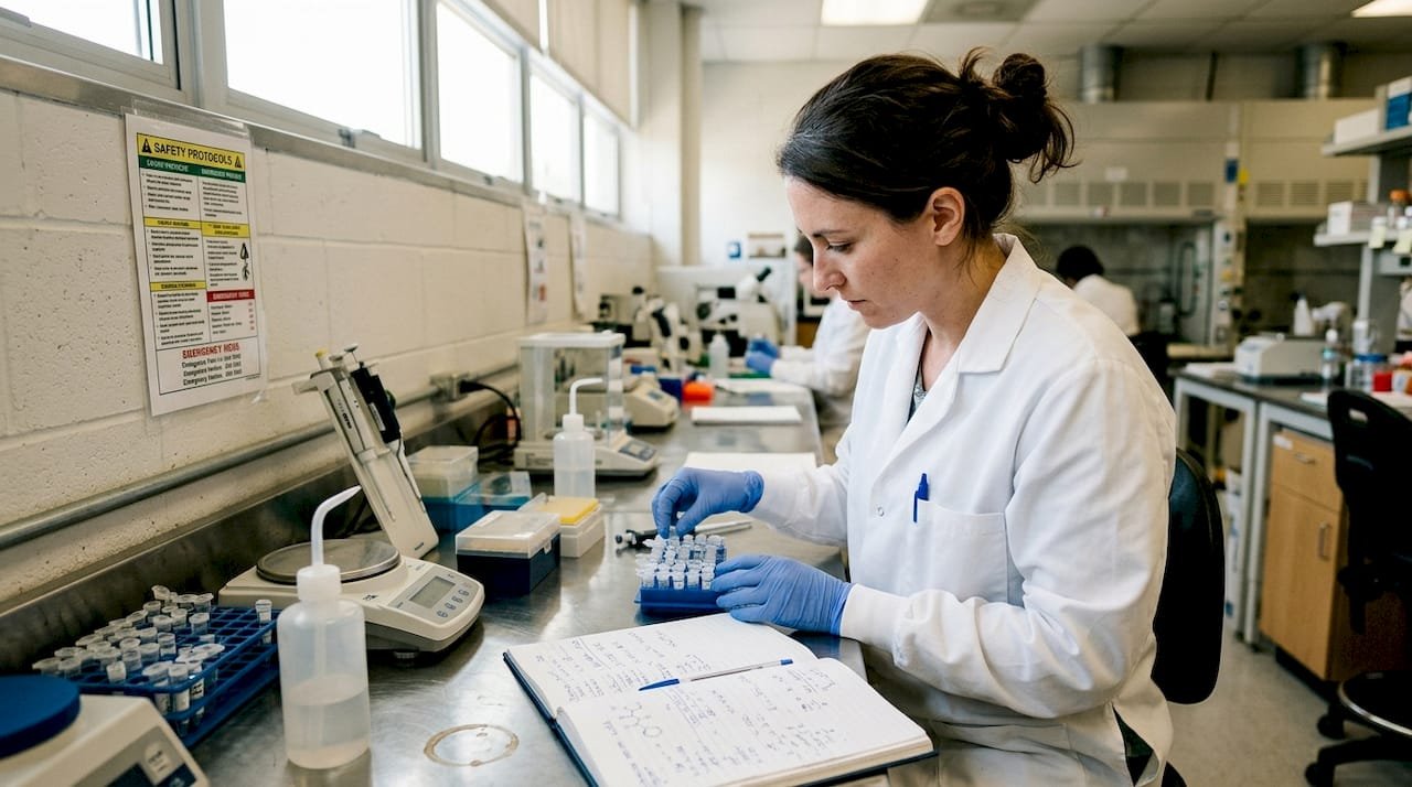Scientist analyzing peptide samples in lab