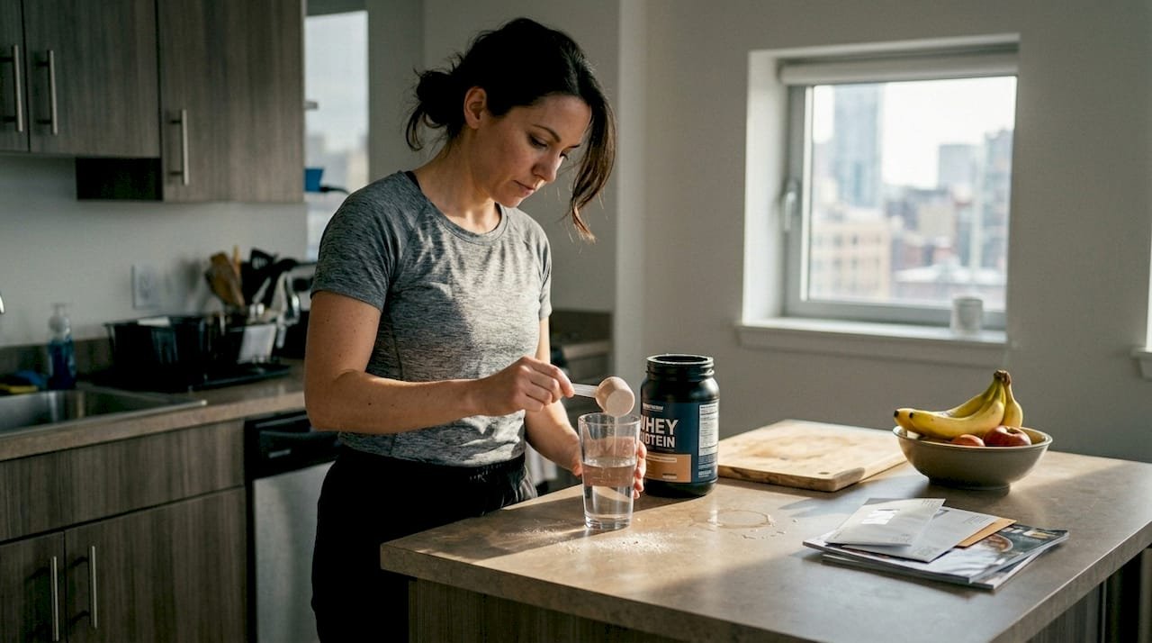 Woman measuring protein powder in home kitchen