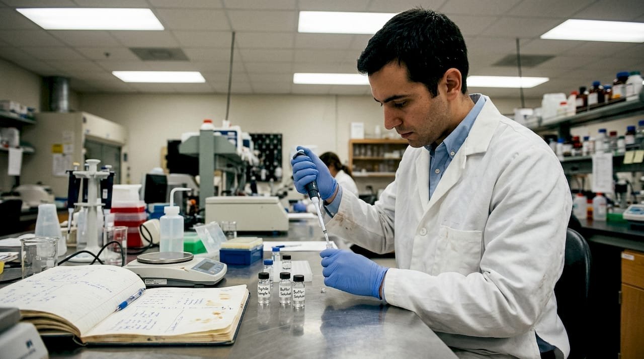 Lab technician preparing peptide sample in lab