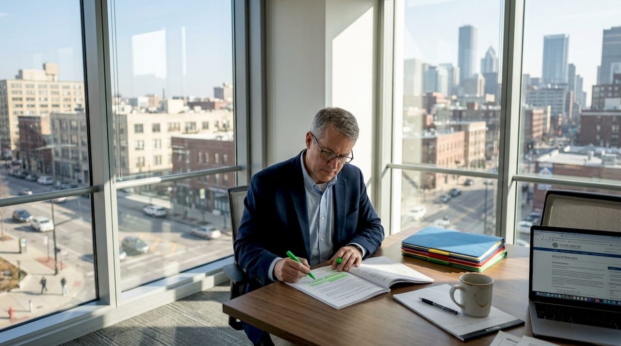 Compliance officer reading peptide regulations at table