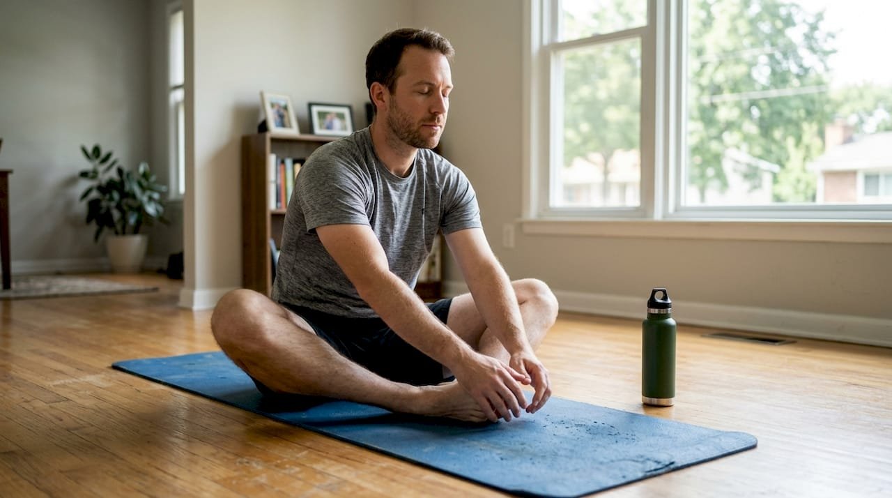 Man stretching on yoga mat for fitness recovery