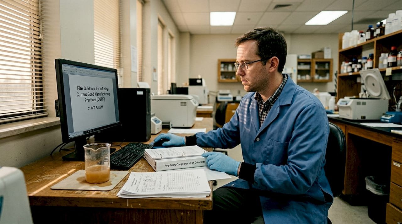 Researcher reviewing peptide safety regulations