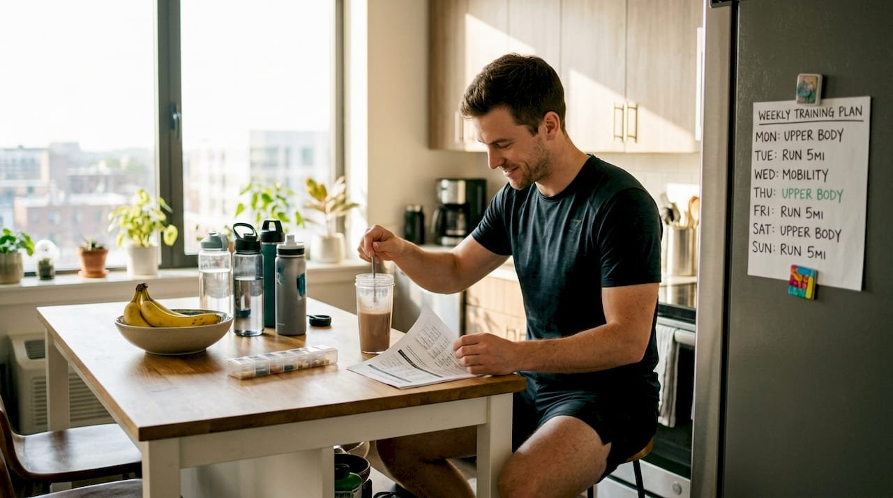 Athlete reading fitness protocol at kitchen island