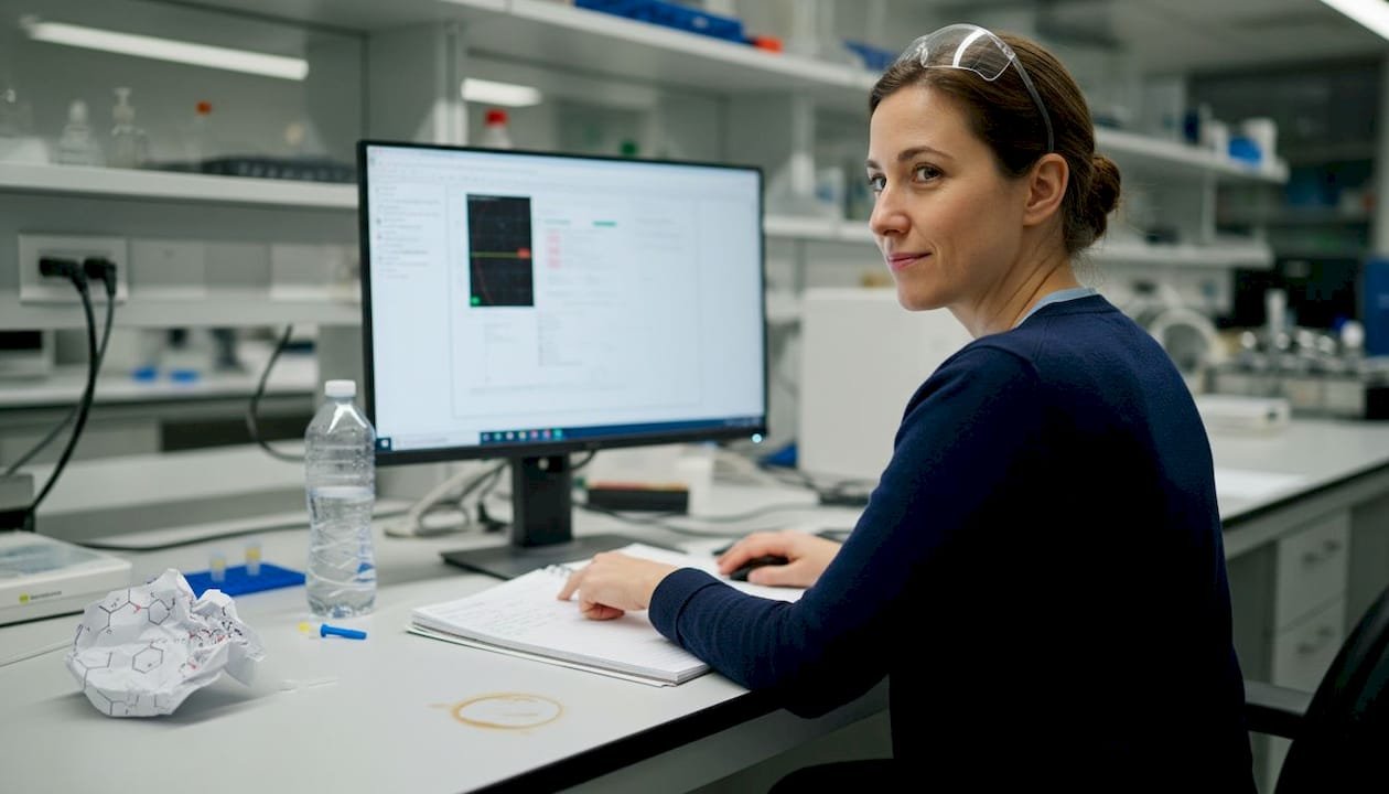 Biochemist reviewing peptide research in lab