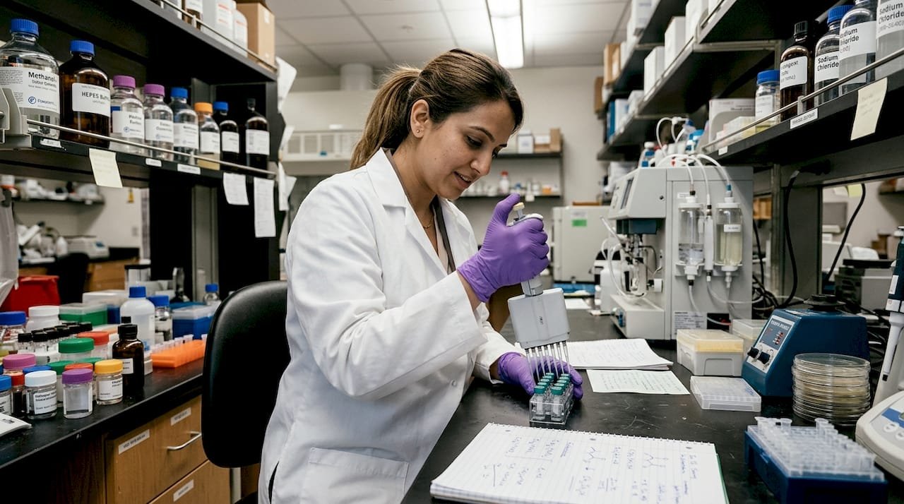 Scientist pipetting solution at lab bench