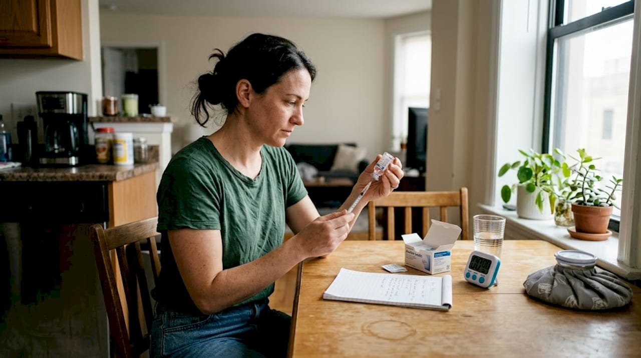 Person preparing peptide injection at kitchen table