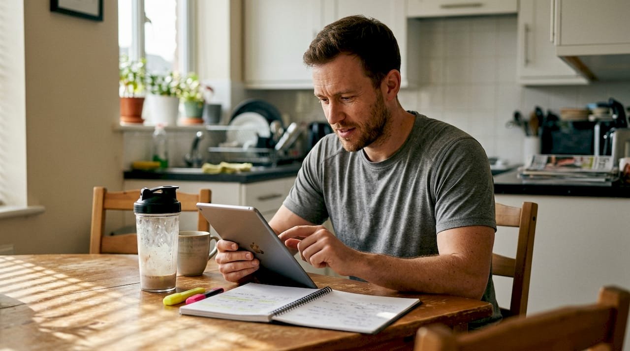 Man reviewing peptide research at home table