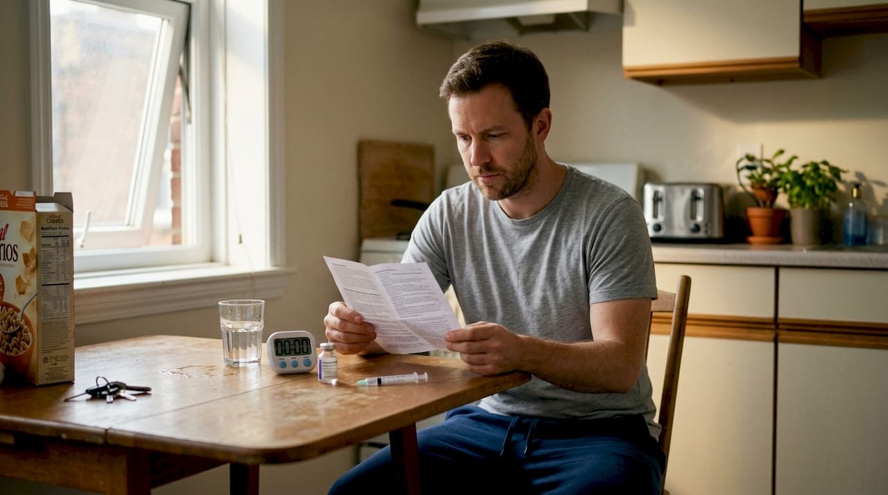 Man reading peptide dosing instructions at kitchen table