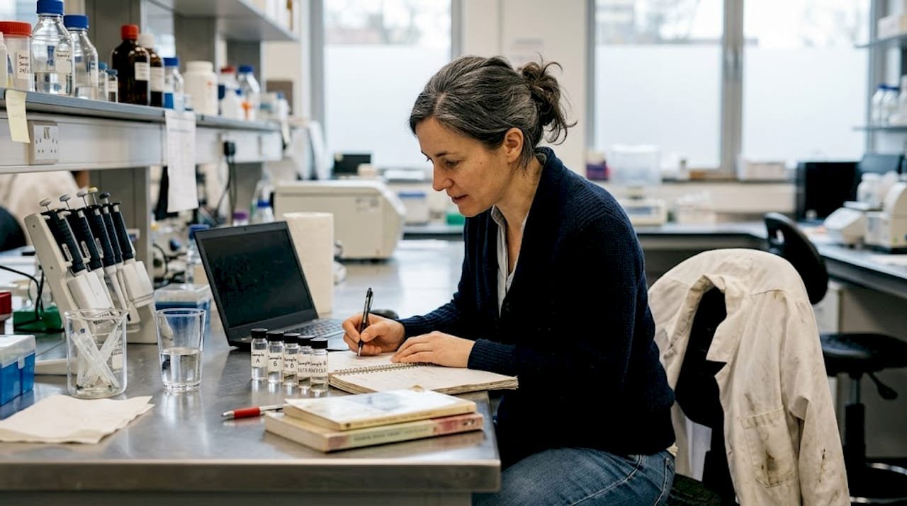 Scientist examining peptide vials at lab bench