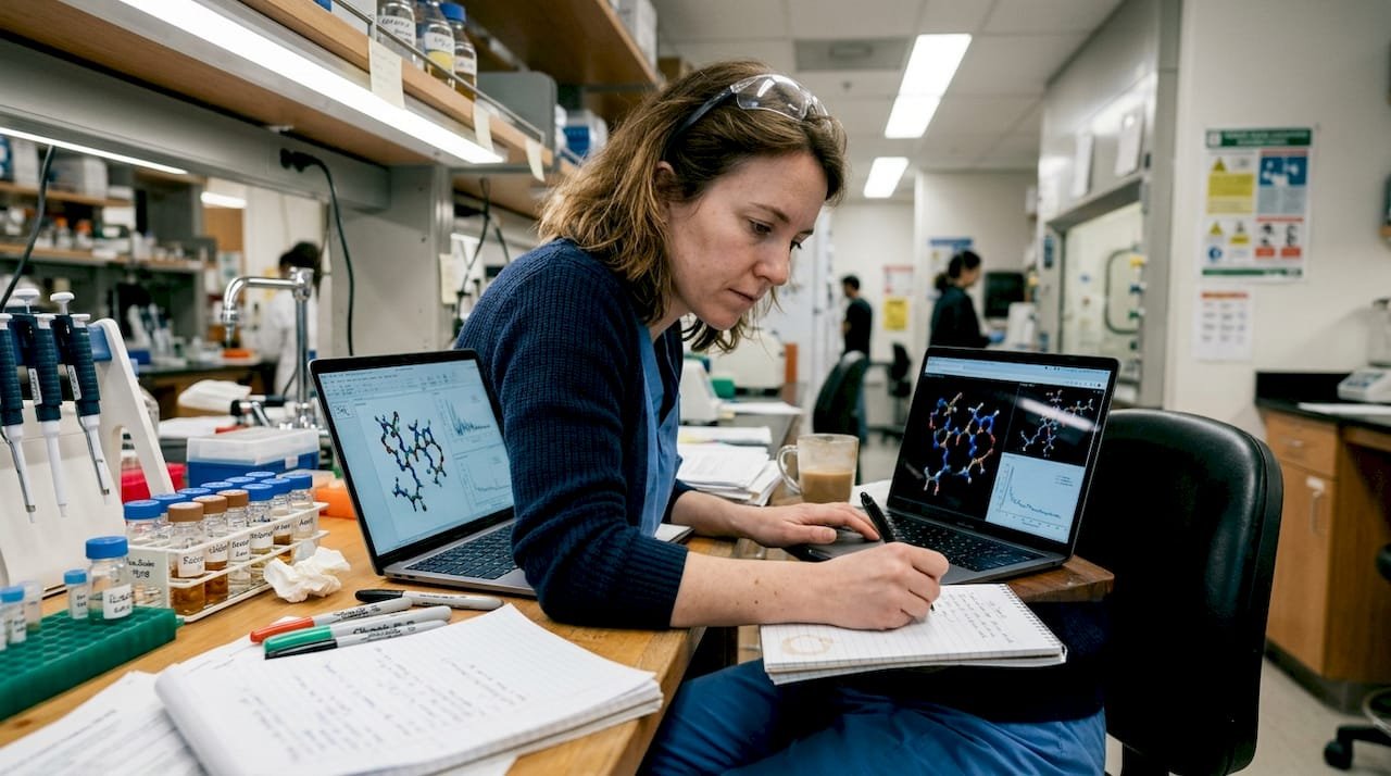 Scientist analyzing peptide optimization in lab