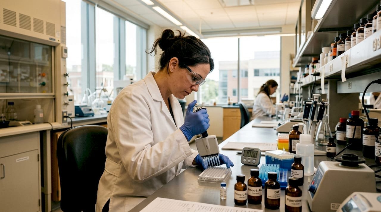 Pharmaceutical scientist preparing peptide sample