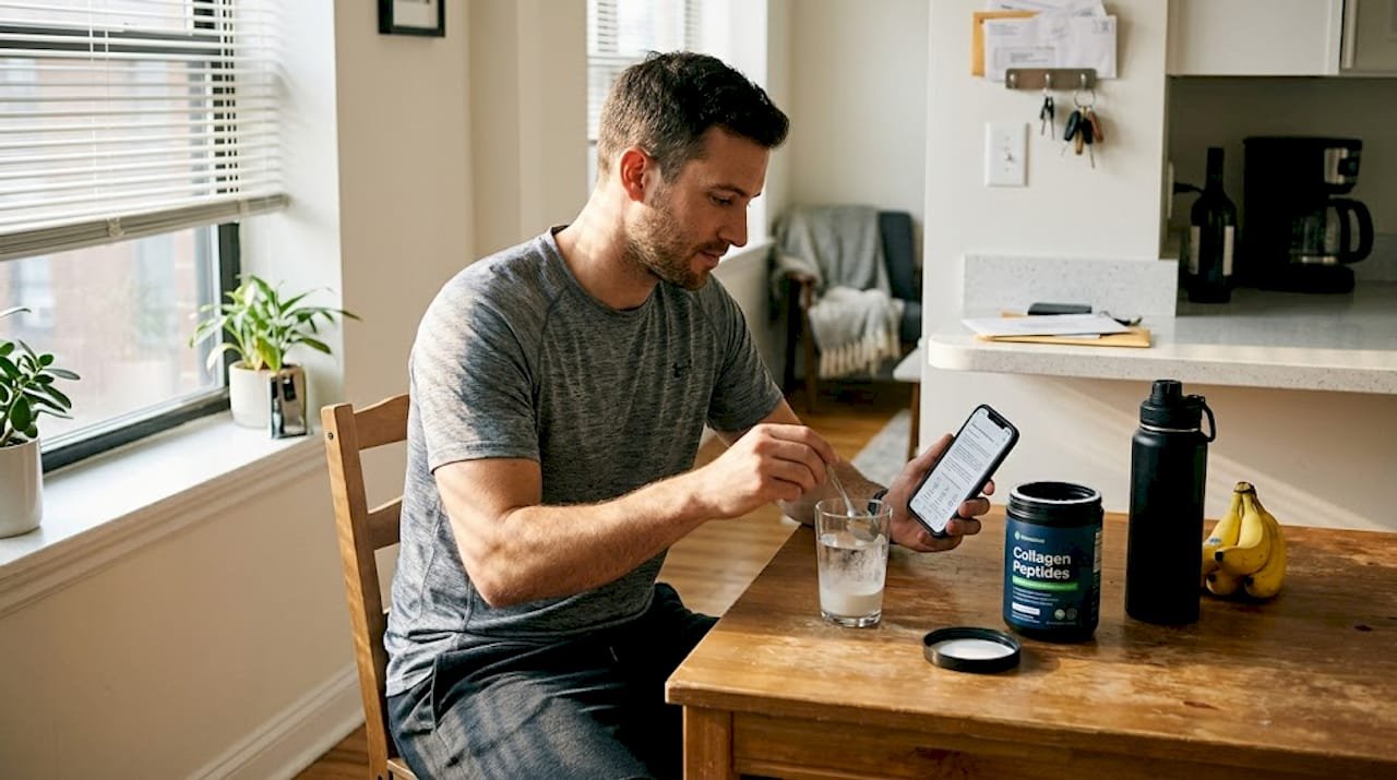 Man mixing collagen peptides in morning kitchen