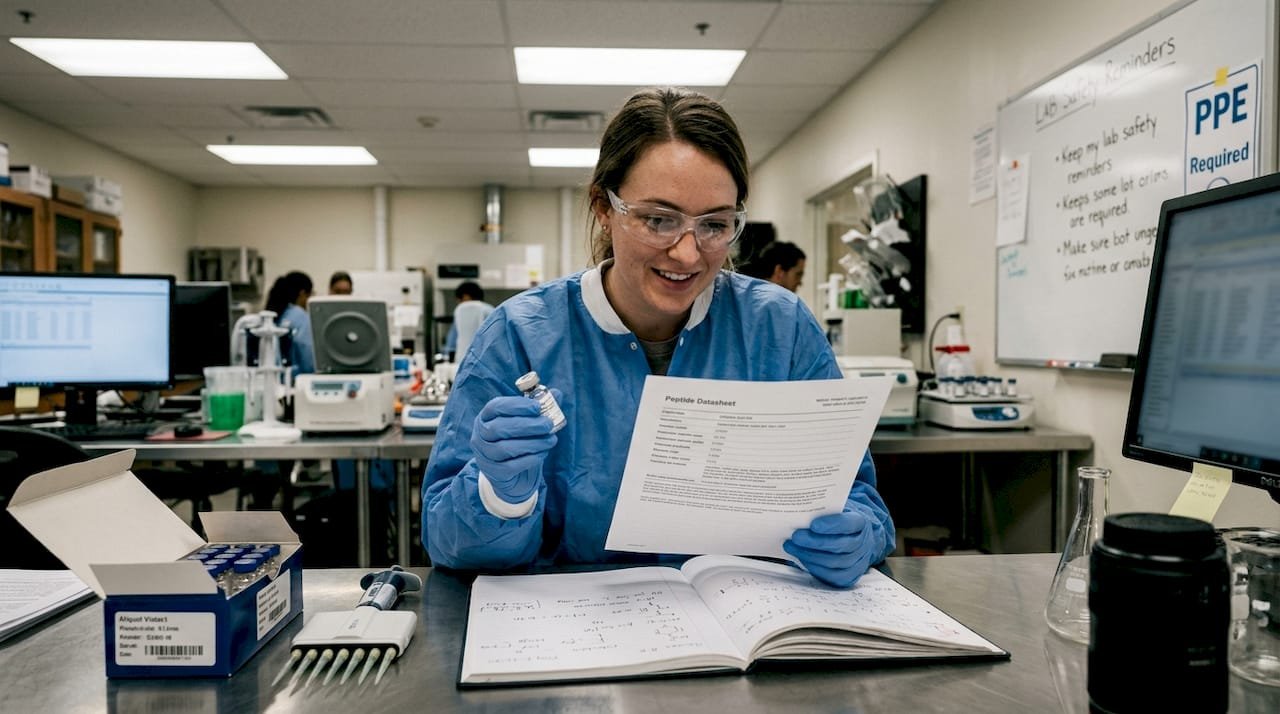 Lab tech reviews peptide datasheet at bench