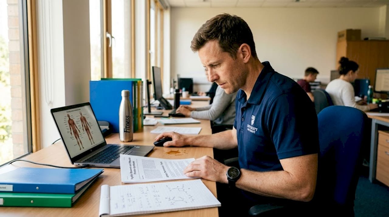 Sports scientist reviewing peptide research at office