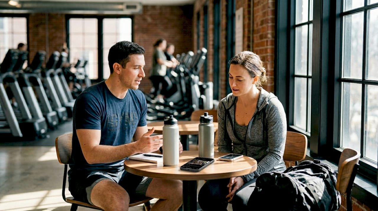 Two fitness enthusiasts discuss peptides in gym lounge