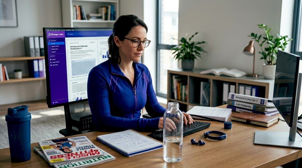 Nutritionist reviewing peptide research at desk