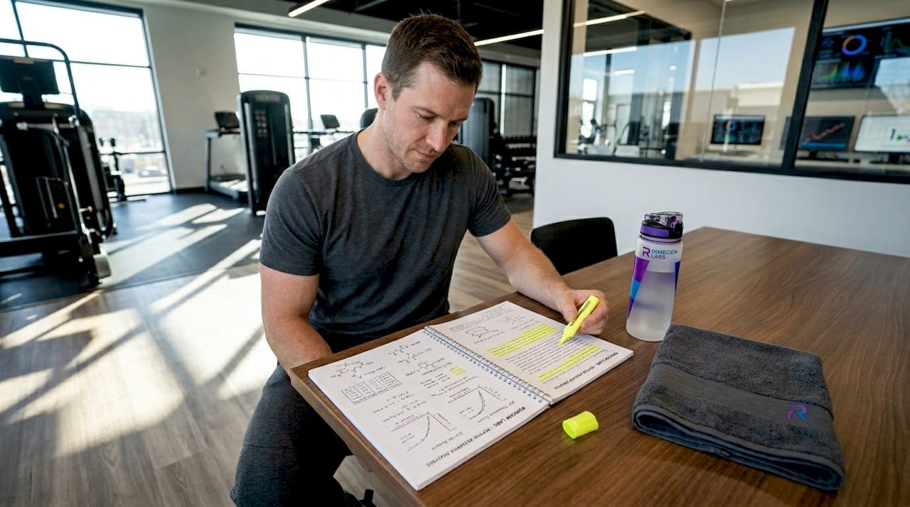 Coach reviewing peptide research notes in gym lounge