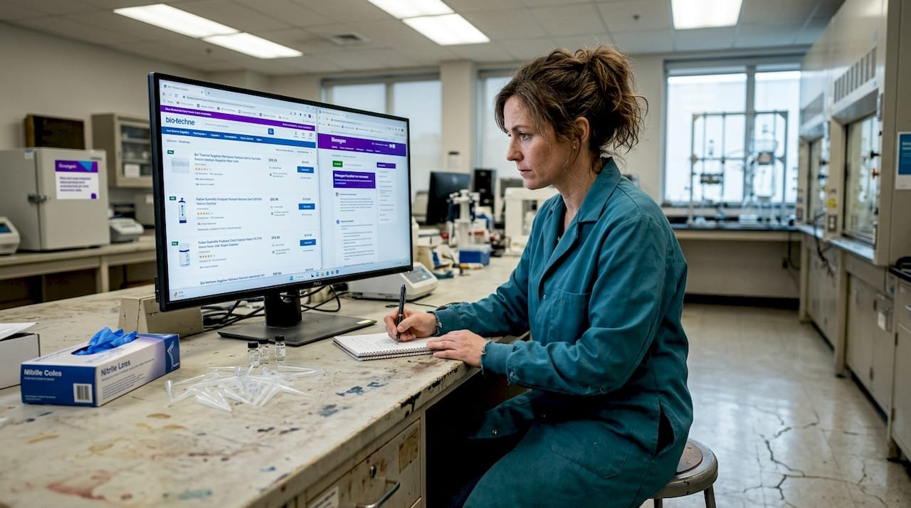 Scientist in lab comparing peptide supplier websites