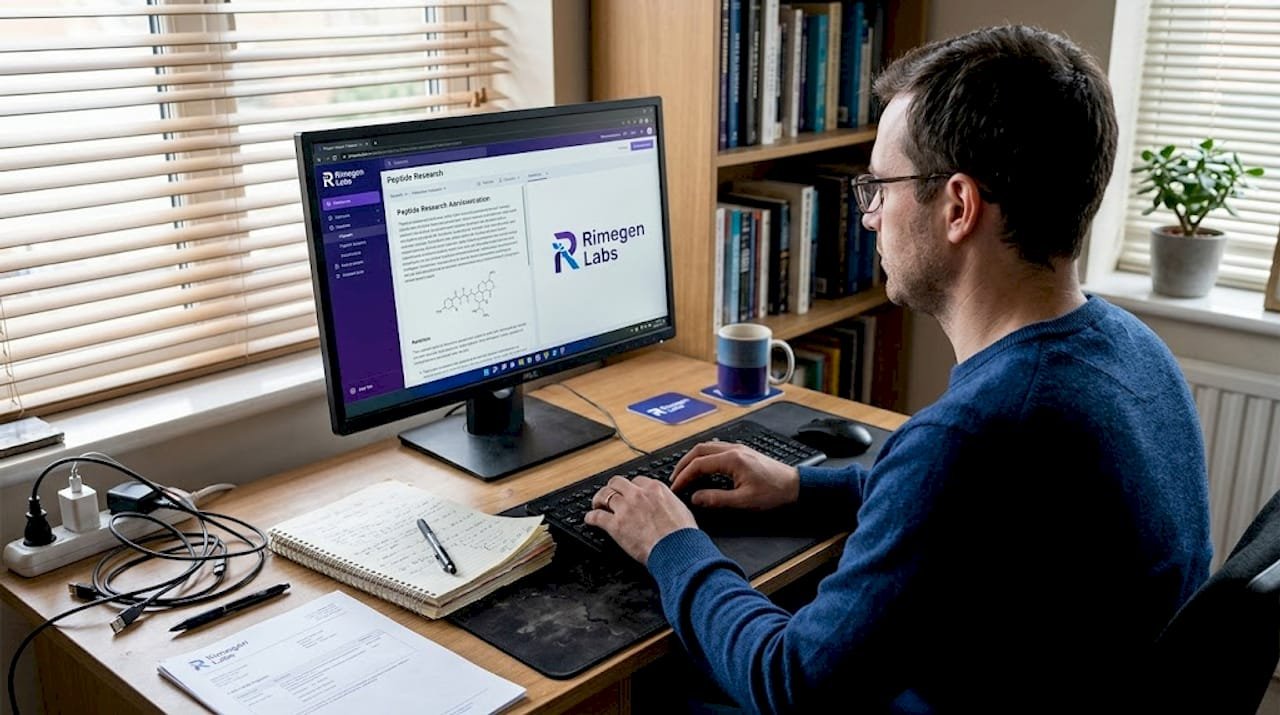 Man researching peptide safety on home office computer