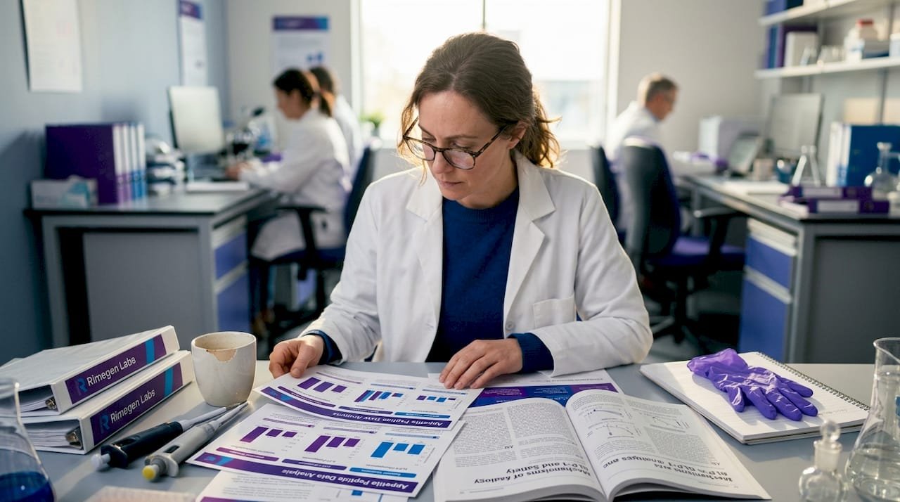 Scientist reading peptide research at desk