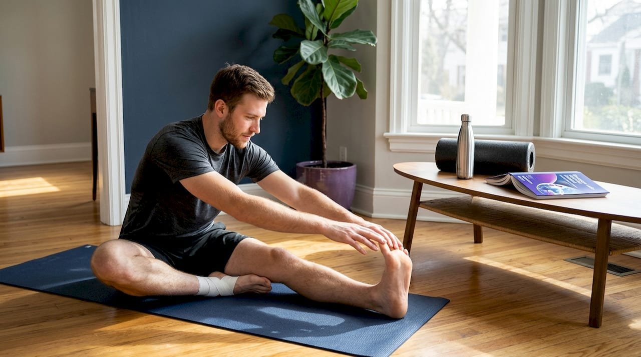 Athlete stretching on yoga mat in living room
