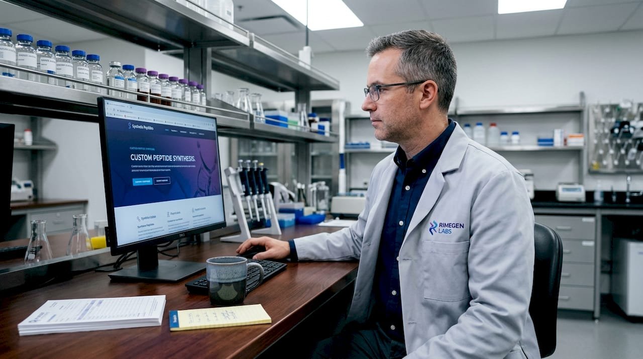 Scientist researching peptide suppliers at laboratory desk