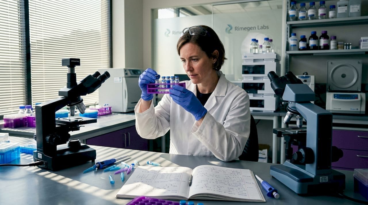 Scientist examining peptide vials in research lab