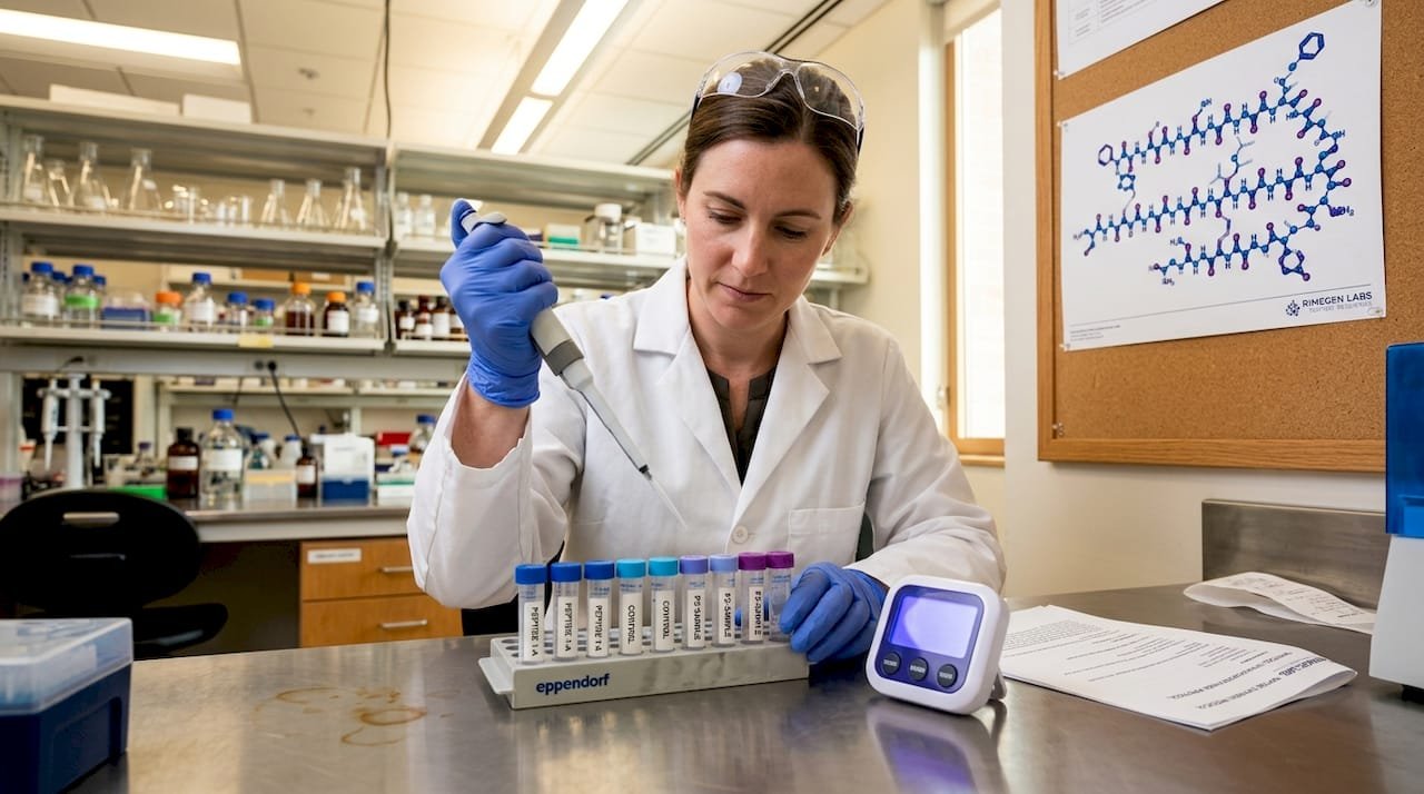 Biochemist preparing peptide samples in lab