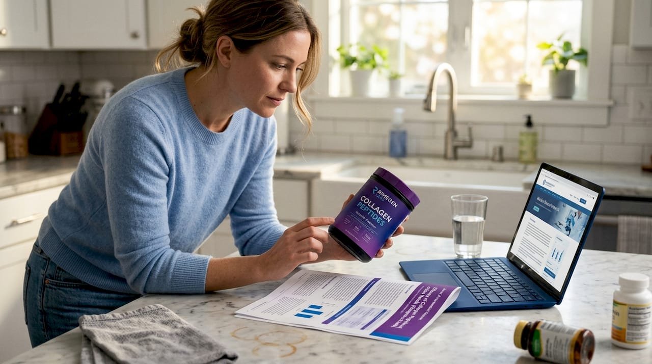 Woman examining peptide supplement at kitchen counter