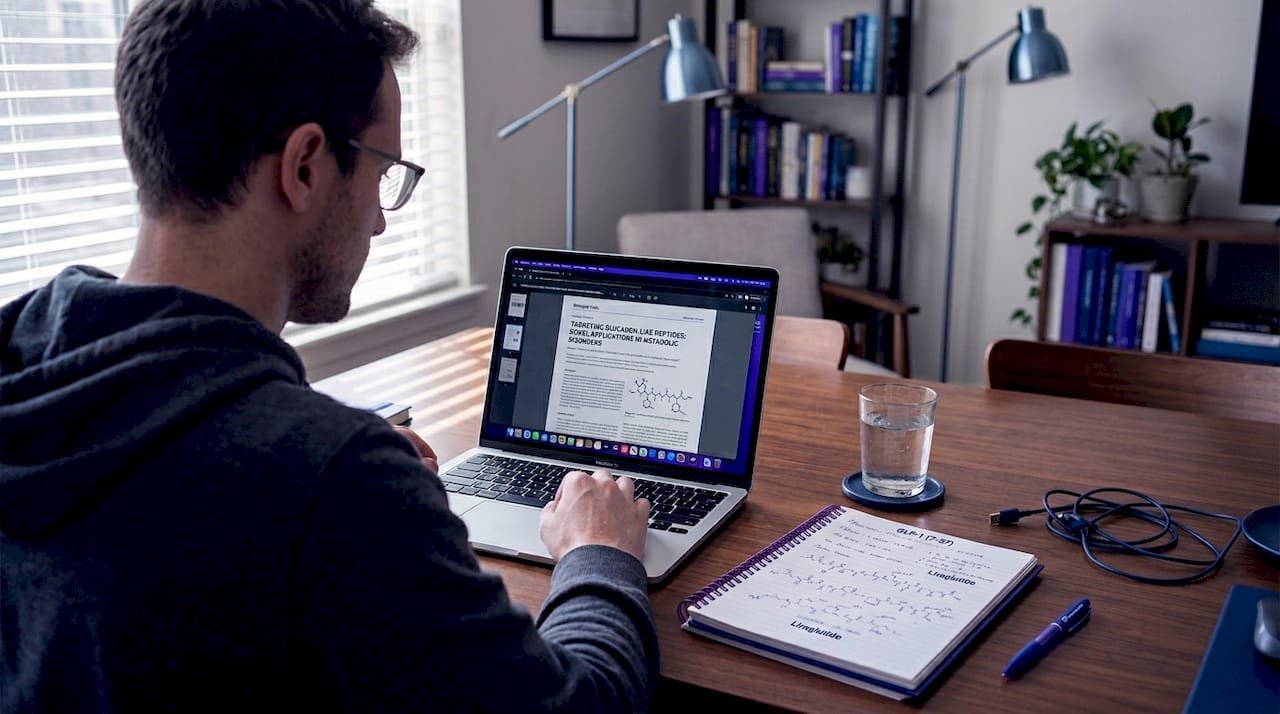 Man researching peptides at home workspace